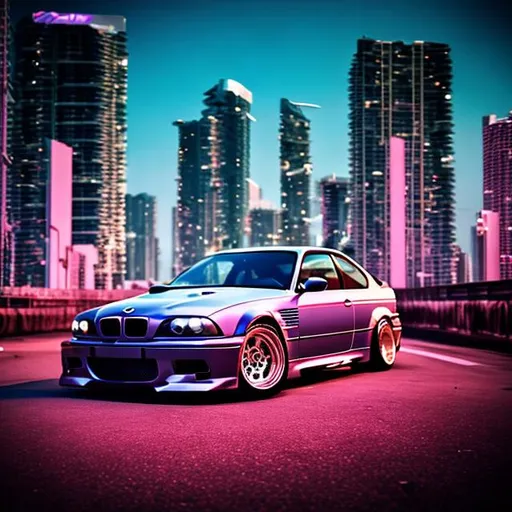 Prompt: 2001 BMW M3 E46 GTR, synthwave, aesthetic cyberpunk, miami, highway, dusk, neon lights, coastal highway, dusk, neon lights, coastal highway, sunset, drift, nurburgring, very detalied