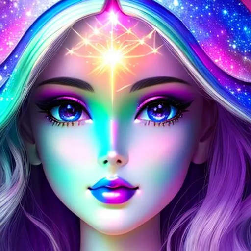 Prompt: White prism, cosmic,etherial, fairy, goddess of light Barbie doll face ,closeup
