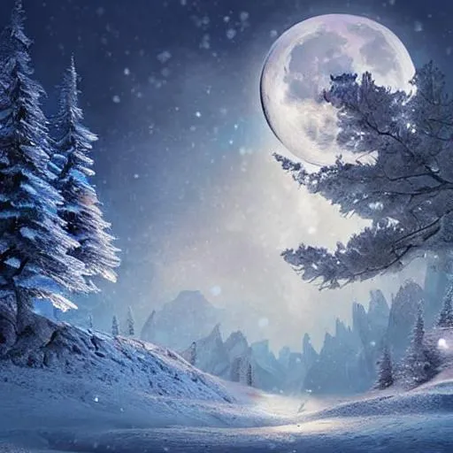 Prompt: Moon, wolf, colorful fantasy winter landscape, flowers, mountains, Epic cinematic brilliant stunning intricate meticulously detailed dramatic atmospheric maximalist digital matte painting