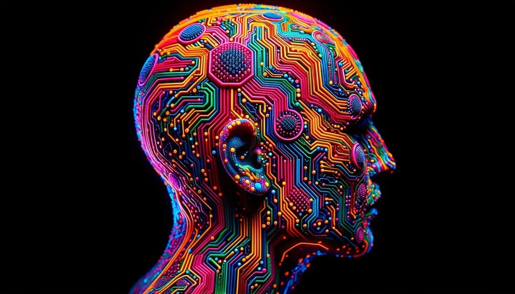 Prompt: An abstract photo of a human head shaped like intricate computer circuitry, bathed in a neon glow, reminiscent of psychedelic artwork and neon realism. The skin appears as if it has been meticulously body-painted with vibrant colors and patterns.