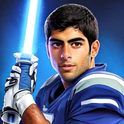 Prompt: zoomed in picture of quarterback Jimmy Garoppolo's Face as a jedi holding a blue lightsaber 