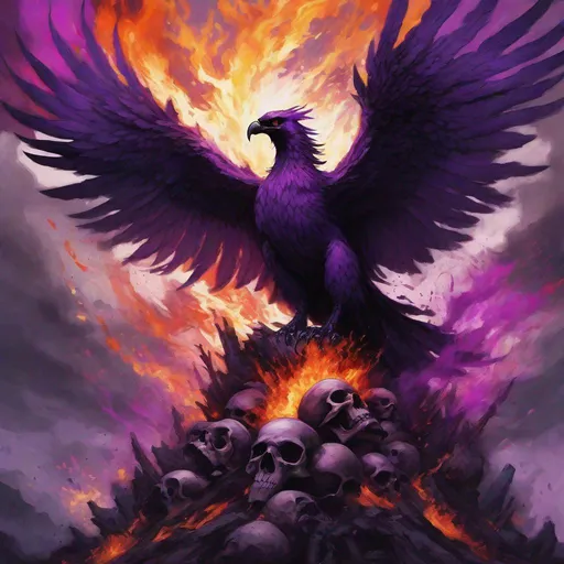 Prompt: painting of a dark purple phoenix sitting atop a huge pile of human skull, giant phoenix, phoenix on fire, outstretched wings, (purple flames), sharp beak, black eyes, fantasy, danger, (rage),

BREAK

fire background, explosions, portrait painting, dramatic lighting, apocalyptic atmosphere, textured Speedpaint, masterpiece, (rough brush strokes), (paint splatter on background), by Jeremy Mann, by Ismail Inceoglu, oil on canvas, professional, atmospheric lighting, textured, highres, masterpiece, cinematic, oil painting, trending artwork, particles, dramatic
