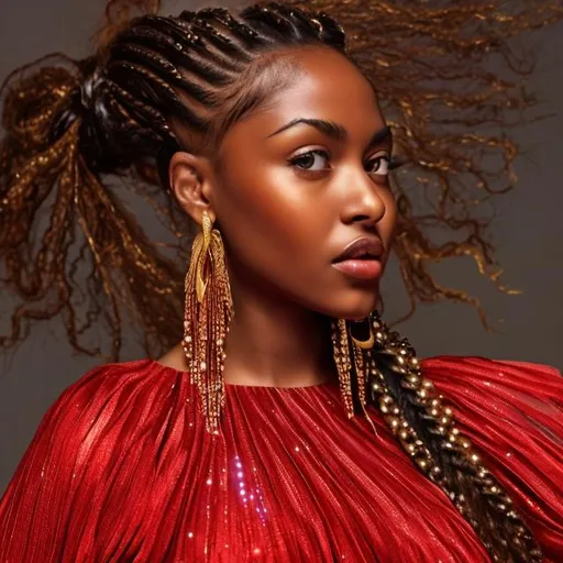 Prompt: Beautiful brown skin woman with braided hair with gold beading wearing a red flared pleated dress and low heels 
