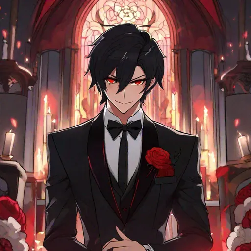 Prompt: Damien  (male, short black hair, red eyes) demon form, wearing a tuxedo, standing at the altar, grinning seductively
