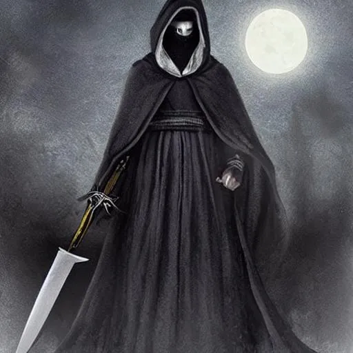 Prompt: black cloak, hooded, ash grey hair, swordsmen in night time under moonlight 