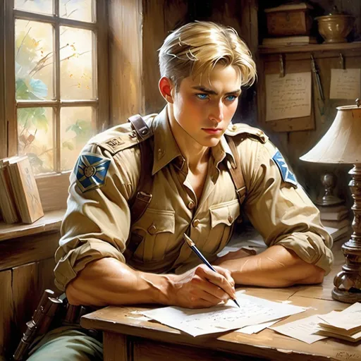 Prompt: (style of Jose Royo:1.6) impressionist painting, A handsome Survey Corps Captain, middle aged man, Commander Erwin Smith, Attack on Titan, writes a love letter to his wife before going off to war, He sits at a desk inside a study in a rustic cottage, The man has short blond hair, 5 inches long, undercut smoothed to one side, blue eyes, tense mood