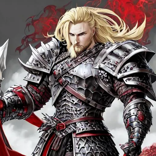 Prompt: The Dragoon Emerging next. Ragnar. Telkrest’s pride and joy. Confident as ever. A taker in his giving nature. Having blonde hair and a strong build fit for a king, he arrives. In his skin, he is armored, fluctuating a red, black and white color. With one eye, a piercing red and the other, a glazed white. “This’ll be fun.”

Ragnar’s fluctuating skin armor, hardens as it prepares for battle. Calcifying in key areas of protection, the calcified areas holding onto the color white for now. His right claw-like formed arm surges a bit, then the other becomes malleable and transformable. It can form into a double bladed axe, the hilt being the arm, and in th center between the two blades a hole where Calcified Bullets can shoot out. When a sword is needed, the axe folds unto itself to make a sword, as it does this it sends out a sharp pulse forward from the sword’s edged point. It glows with red energy where the blades merged afterwards.