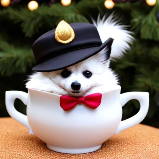 Prompt: teacup american eskimo in a hat