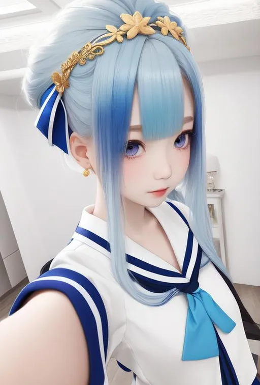 Prompt: ombre white and blue hair, korean, long hair, 13 year old girl, solo, pale skin, indoors, busty, mole under eye, mole on {{breast}}, sailor uniform, fullbody, XXXXXX hair accessory, ((full body)) {{good looking}} {{cute}} {{good body}} {{tight}}, symmetrically colored hair, {{shadows}},

