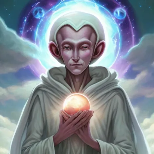 Prompt: sweet androgynous alien protector of earth etherial soft benevolent holding an orb surrounded by celestial