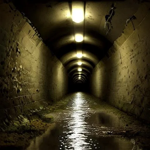 Prompt: dark underground round sewer tunnel with standing water interior