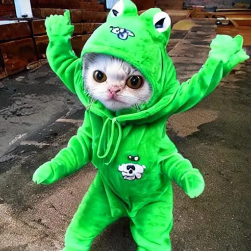 A Kawaii uwu cat wearing a green froggy suit | OpenArt