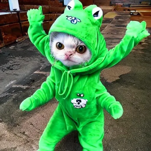 Prompt: A Kawaii uwu cat wearing a green froggy suit