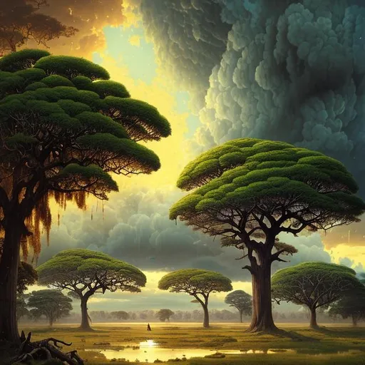 Prompt: savanna, huge acacia trees, sun, massive storm clouds, Ivan Shishkin,Victo Ngai,Gregorio Catarino,Cyril Rolando,Michal Karcz,Anato Finnstark,Flavio Greco Paglia, hyperdetailed defined oil painting, vibrant colors, 8K resolution, polished divine photorealistic intricate complex HDR, amber glow, dreamy,
extremely detailed, cinematic lighting, poster, award winning,