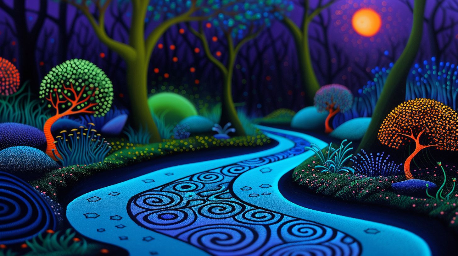 Prompt: Depict a scene that portrays the concept of being lost in my inner sanctuary, illustrated in the style of 3D chalk art with vibrant colors on a black background. The artwork should emphasize an extreme depth of field to enhance the feeling of immersion and introspection.