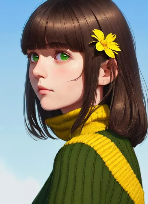 Anime a girl in a black turtleneck and dark brown hair bangs with green eyes