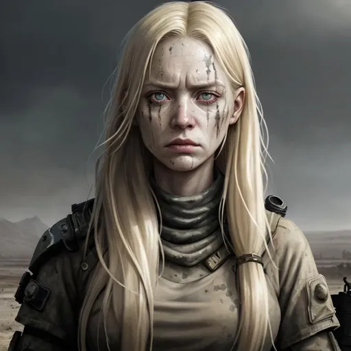 Prompt: Full portrait, half body,
post apocalyptic, 
female, age 30, 
tactical west,
long blonde loose hair, 
dirty face, war paint, pale skin, wrinkles, dirty face,
annoyed, serious, fierce,
piercing gaze,
highly detailed, digital painting, artstation, concept art,
atmospheric lighting, smooth, sharp focus, illustration, 
art by Artem Demura and Alphonse Mucha