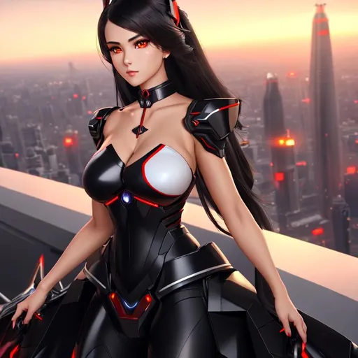 Prompt: high quality of a hyperdetailed mecha woman with black and red uniform dress, blades for hands, hyperdetailed hair, masterpiece, hyperdetailed full body, hyperdetailed feminine attractive face and nose, complete body view, ((huge breast)) ((hyper realism eyes)) ((hyperdetailed muscle)) ((yellow tech eyes))  perfect body, perfect anatomy, ultra-realistic, 3d lighting, beauty, sensual feminine romance, professional, sensual feminine, perfect composition, unreal engine 8k octane, 3d lighting, UHD, HDR, 8K, render, HD, trending on artstation, front view, 
