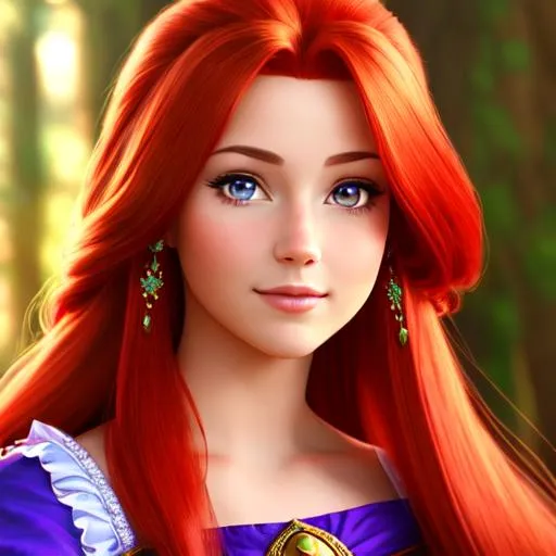 Prompt: a realistic feminine princess, Rapunzel, but with red hair, HD
