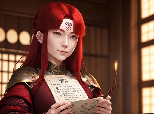 Prompt: beautiful crimson haired  wizard playing with magic smirks as she gets you to sign a unfair contract and, invites you to sake rice wine. with a letter that contains essence of everything in the heavenly realm inviting you to join. full body, 8k, highly detailed, full length frame, High detail RAW color art, piercing, diffused soft lighting, shallow depth of field, sharp focus, hyperrealism, cinematic lighting, concept art