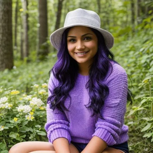 Prompt: Aphmau with a purple butterfly on her finger. She is sitting in a field of vinca flowers with a forest in the distance. Aphmau is smiling and content. She is wearing a purple fitted sweater and blue hotpants or short-shorts. Butterflys appear in various distances from the point of view  of the of the artists and viewer and add ambience and are not the focus of the drawing. It is  dawn. dew drops are on the flowers. the flowers are true to natural size and so are the drops of water. aphmau is the focus of the picture.