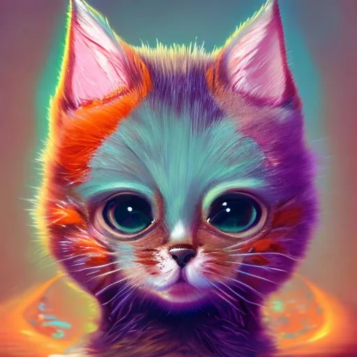 Prompt: a digital painting of a chubby orange kitten, inspired by Mike Winkelmann, digital art, cute kitten, in style of 3d render, teal and magenta background, realistic 3 d render, a beautiful artwork illustration, hyper realistic, 8 0's style tomasz alen kopera, smooth 3 d illustration