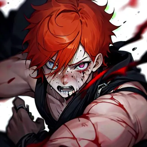 Prompt: Erikku male (short ginger hair, freckles, right eye blue left eye purple) UHD, 8K, Highly detailed, insane detail, best quality, high quality, fighting, in pain, wounded, covered in blood