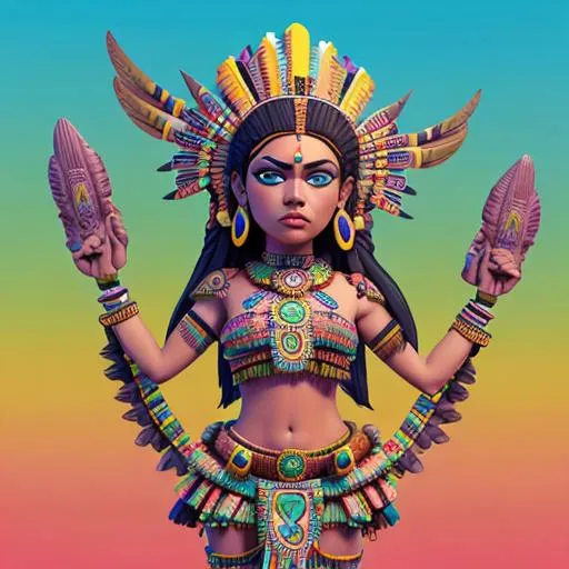 Prompt: An ornate Aztec Queen, full body, statuesque, huge full lips, green eyes, flower background, Native American, Mayan, amazing colors, skottie young, 3d blender render, pop surrealism, physically based rendering, square image, hyperdetailed
