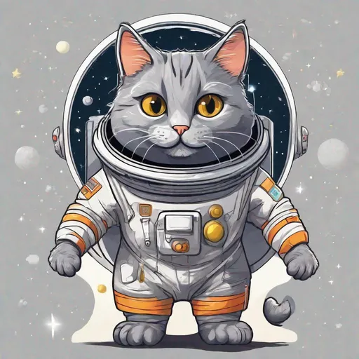 Prompt: Stylized vector concept art of a gray cat in a space suit 
that has that name Ricky sewn into it. Floating through space holding a stick of butter. Everything is perfectly to scale, HD, UHD, 8k Resolution, Vibrant Colorful Award winning 