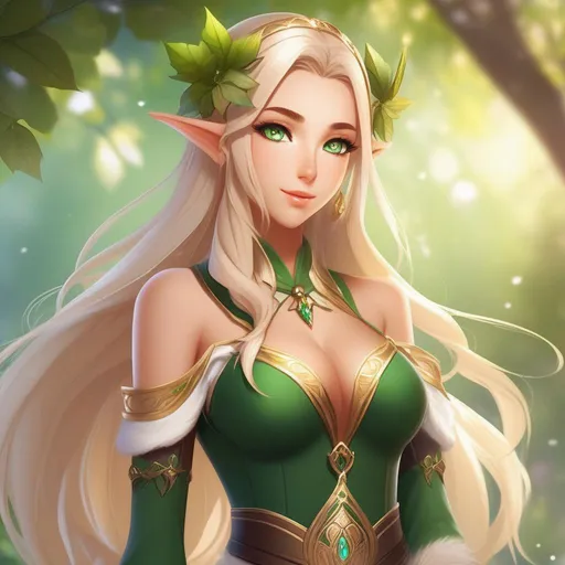 Prompt:  anime waifu character as an  elf, extremely tanned embodying beauty and allure. Give her a unique touch with wide hips and thick thighs, enhancing her graceful and alluring presence. Craft an outfit that seamlessly blends fantasy and elegance, reflecting her elven heritage while accentuating her captivating figure. Small elf ear, blonde hair, green eyes
