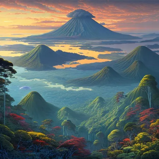Prompt: Landscape painting, view from a bald mountaintop, lush and dark jungle, blue-black ocean and on the next island a vast glowing volcano, dull colors, danger, fantasy art, by Hiro Isono, by Luigi Spano, by John Stephens