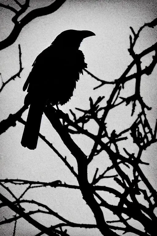 Prompt: Graphic llustration in the style of James O'Barr, deep blacks, rich greys, muted blues, subtle hints of red, Raw and gritty aesthetics, gothic background, Meticulous attention to detail, Gritty linework, Expressive inking, Stark contrasts of light and dark, High contrast shading, a silhouette of a crow perched on a gnarled tree branch
