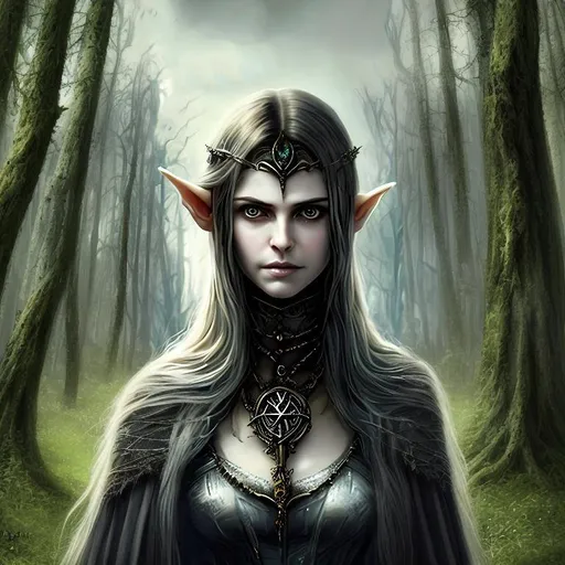 Prompt: background is gothic forest clearing, necklace, elf queen, beautiful face, piercing eyes, amulet, "Luis Royo", vampire, oil painting, dress, very big eyes, high quality, beautiful, female wizard queen, sultry,  clear visible face,  dark fantasy, Phoebe Tonkin, Alexandra Daddario, Ariana Grande, Natalie Portman, Nicole Kidman, galla dress, victorian