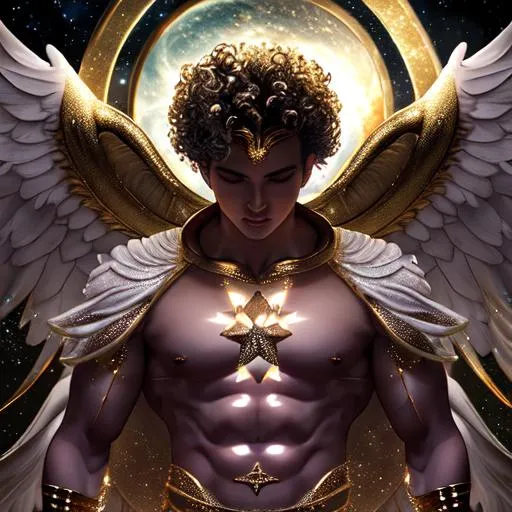 Prompt: stars, Heaven, male, curly, fade, buffed, Lifegiver, beautiful, white, hyper realistic, bright, gold, god-like figure, 