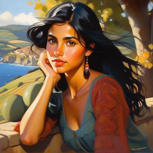 Prompt: Basque girl, olive skin, black hair, dark brown eyes, in Northern Spain, cartoony, sunny atmosphere, extremely detailed painting by Greg Rutkowski and by Henry Justice Ford and by Steve Henderson