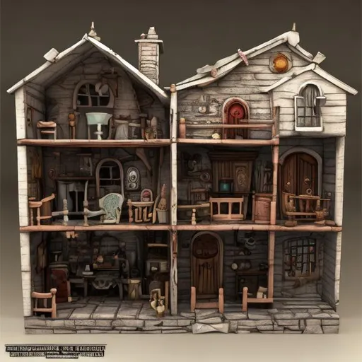Prompt: Dollhouse basement in the style of Tim Burton 