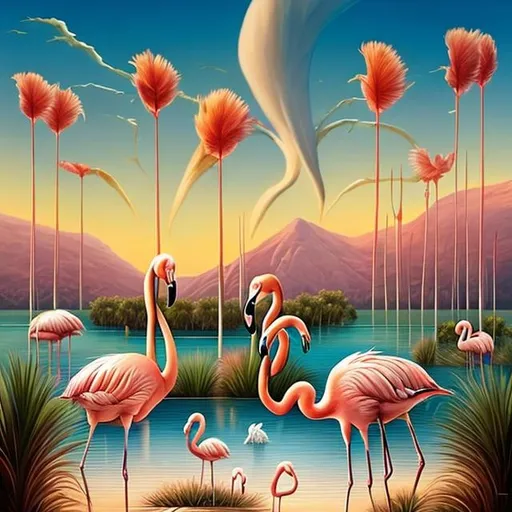 Prompt: Vladimir Kush inspired art of flamingoes in a desert with palm trees