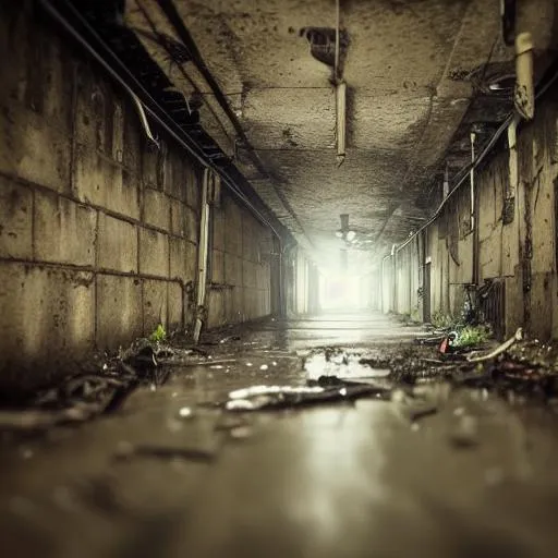 Prompt: world of creepy sewers, underground, dark, mossy, wet, dripping, technical shaft, rats, debris, trash,  wide angle, assymetric composition, post apocalyptic, overgrown,