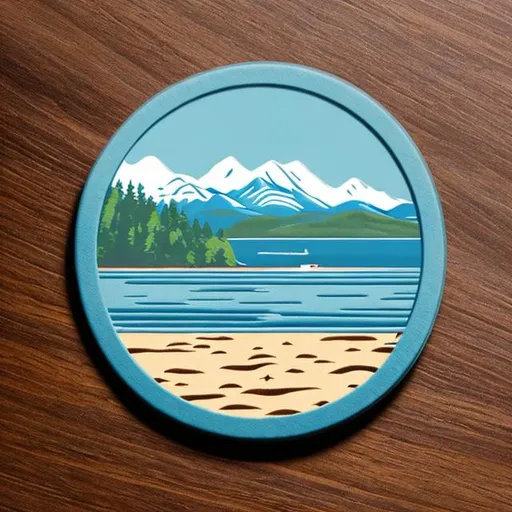 Prompt: A circular logo for a drink coaster that shows a ferry driving across water towards a wooded island in the pacific northwest