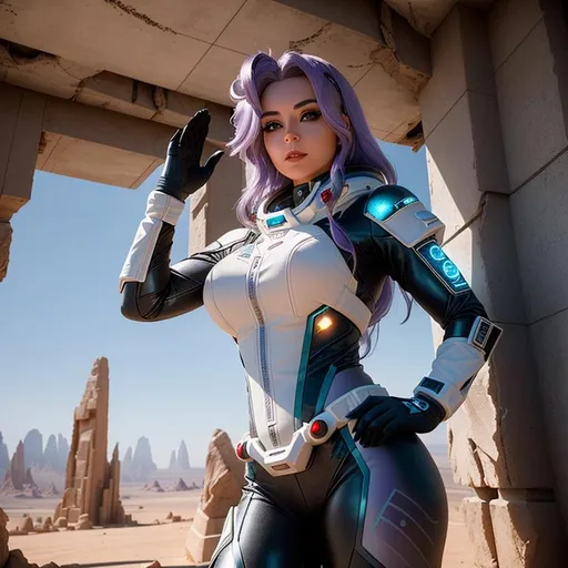 Prompt: Create a high-quality professional image of a young woman with shade of purple hairs, in a futuristic spacesuit, posing heroically inside an old abandonned alien temple with glyphs on the walls, on a mysterious alien planet. The woman looks at the landscape with a mischievous expression.

The image should be realistic and detailed, with vivid colors and sharp contrasts.
The woman should have short hairs with shade of purple and pink tip, light blue eyes, and a large scar in the middle of her face that runs over the bridge of her nose. She should wear a white and black spacesuit with a lot of details and orange lights. Her spacesuit should only have white and black without purple.
The temple should be dark, only lit by the lamp of her suit, and the reflections of the neon lights of her spacesuit. She must be exploring a dark corridor in the temple where daylight is not visible.

heavenly beauty, 8k, 50mm, f/1. 4, high detail, sharp focus, perfect anatomy, highly detailed, detailed and high quality background, oil painting, digital painting, Trending on artstation, UHD, 128K, quality, Big Eyes, artgerm, highest quality stylized character concept masterpiece, award winning digital 3d, hyper-realistic, intricate, 128K, UHD, HDR, image of a gorgeous, beautiful, dirty, highly detailed face, hyper-realistic facial features, cinematic 3D volumetric, illustration by Marc Simonetti, Carne Griffiths, Conrad Roset, 3D anime girl, Full HD render + immense detail + dramatic lighting + well lit + fine | ultra - detailed realism, full body art, lighting, high - quality, engraved | 