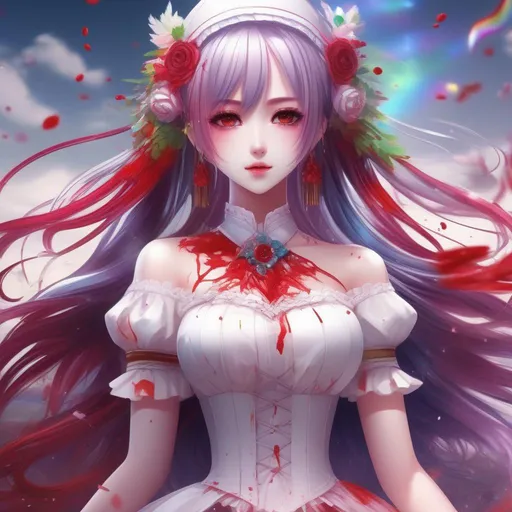 Prompt: 3d anime woman covered in blood rainbow hair hime and white dress covered in blood and beautiful pretty art 4k full HD