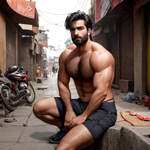 Prompt: (full body of "gurgaon man", with fine detailed real rugged handsome  "cocky face" and real "manly eyes", real  hairy chest and armpits), and "resting" in a dirty "real delhi alley", arena, perfect composition, hyperrealistic,super detailed,  8k, high quality, trending art,  trending on artstation, sharp focus, studio photo, intricate details, highly detailed, by greg rutkowski, hyper realistic, real image, deep fake