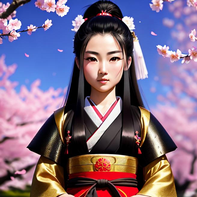 Young Samurai with long black hair and ponytail, wea... | OpenArt