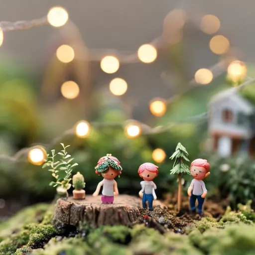 Prompt: Tiny People watering a tiny wooden garden center tiny city string lights
