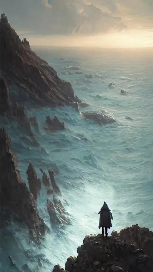 Prompt: fantasy concept art by greg rutkowski, hooded figure in the  foreground looks out over an expansive sea from a high cliff, rugged in the background, sea creature surfaces in the sea, gestural oil painting style, blue glowing floating sky islands, cinematographic morning light, artstation hq, 