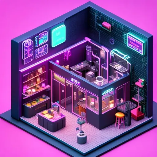 Prompt: cute isometric cyberpunk coffee cafe, cutaway box, futuristic, highly detailed, made with blender --v 4