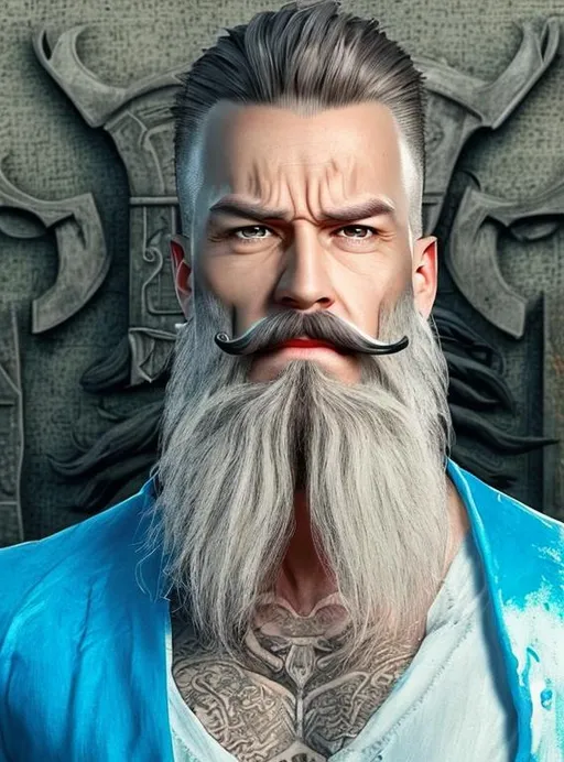 Prompt: realistic Male  with 8 inch pointed beard and tombstone mustache and long hair on top but sides of head is shaved who has a career in stock trading wheres a suit and has the reputation and name of Alpha Lord setting in Mythological
