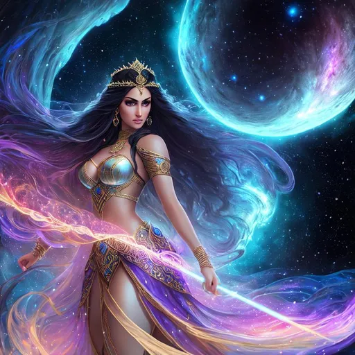 Prompt: Full body Tamina as a Princess of persia, dark battle dress, detailed beauty face, detailed beauty eyes, perfect long hair, surreal beauty, soft light, Abstract fractal art background, surrounded by Castle in Prince of Persia, surrounded by stormy weather full color space nebula and super nova planets and moon on julia clusters mandelbrot voronoi fractal, long shot