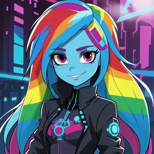 Prompt: Cyberpunk Equestria girls rainbow dash with blue skin