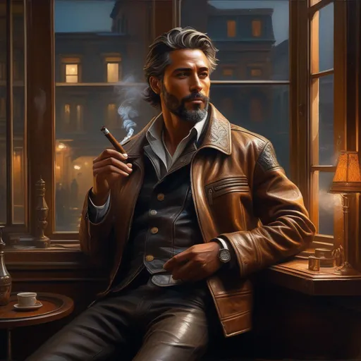 Prompt: Third-person, full body of character in view, sharp nose, kind eyes, and a wise expression, weathered and rugged, mechanical arm, smoking a cigar by the window, lights from blinds, Khajit, leather jacket, highest quality concept art masterpiece, oil painting, intricate details, professional, highly detailed,